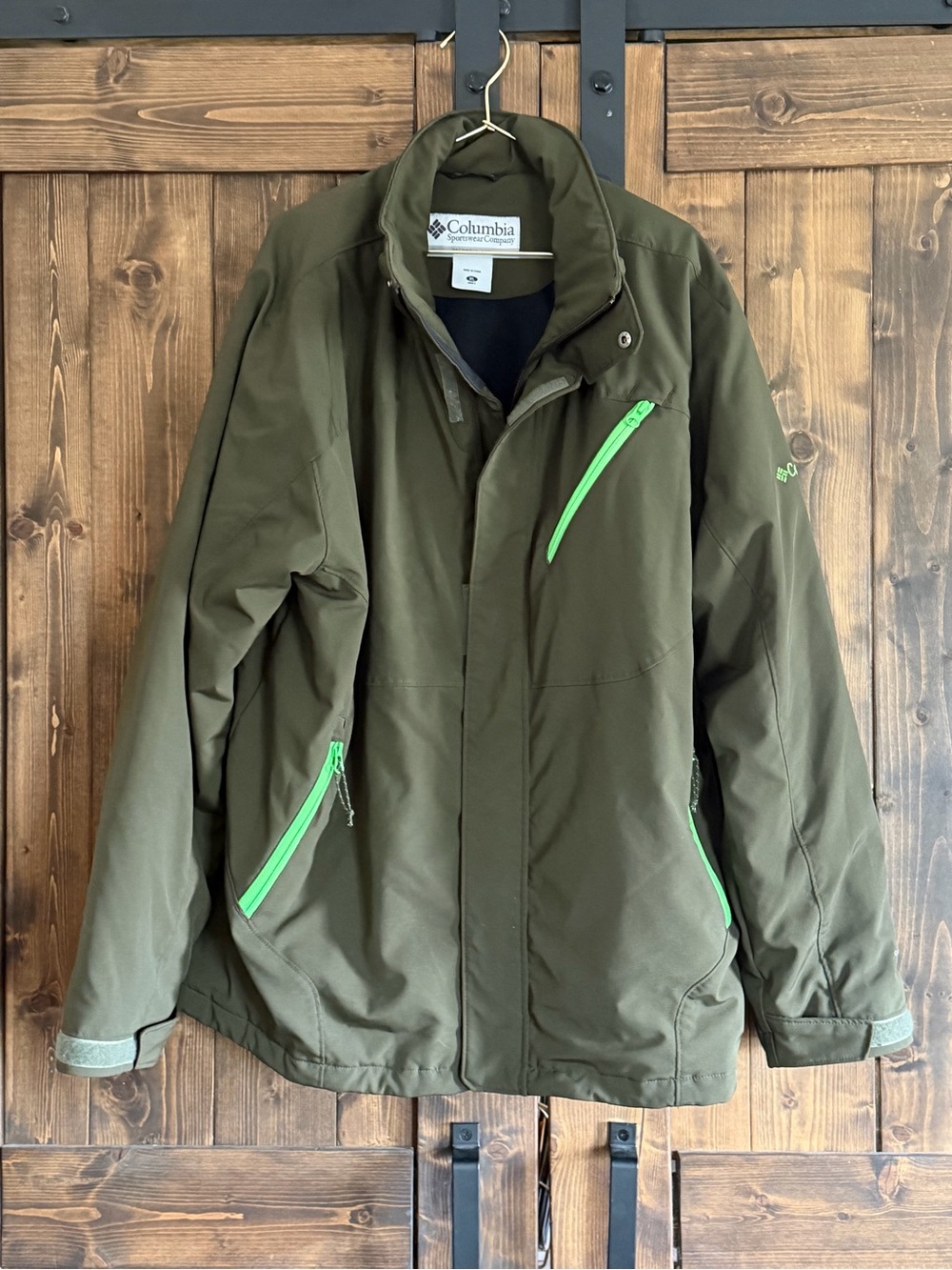 Columbia Men's Olive Jacket with Neon Green Zippers